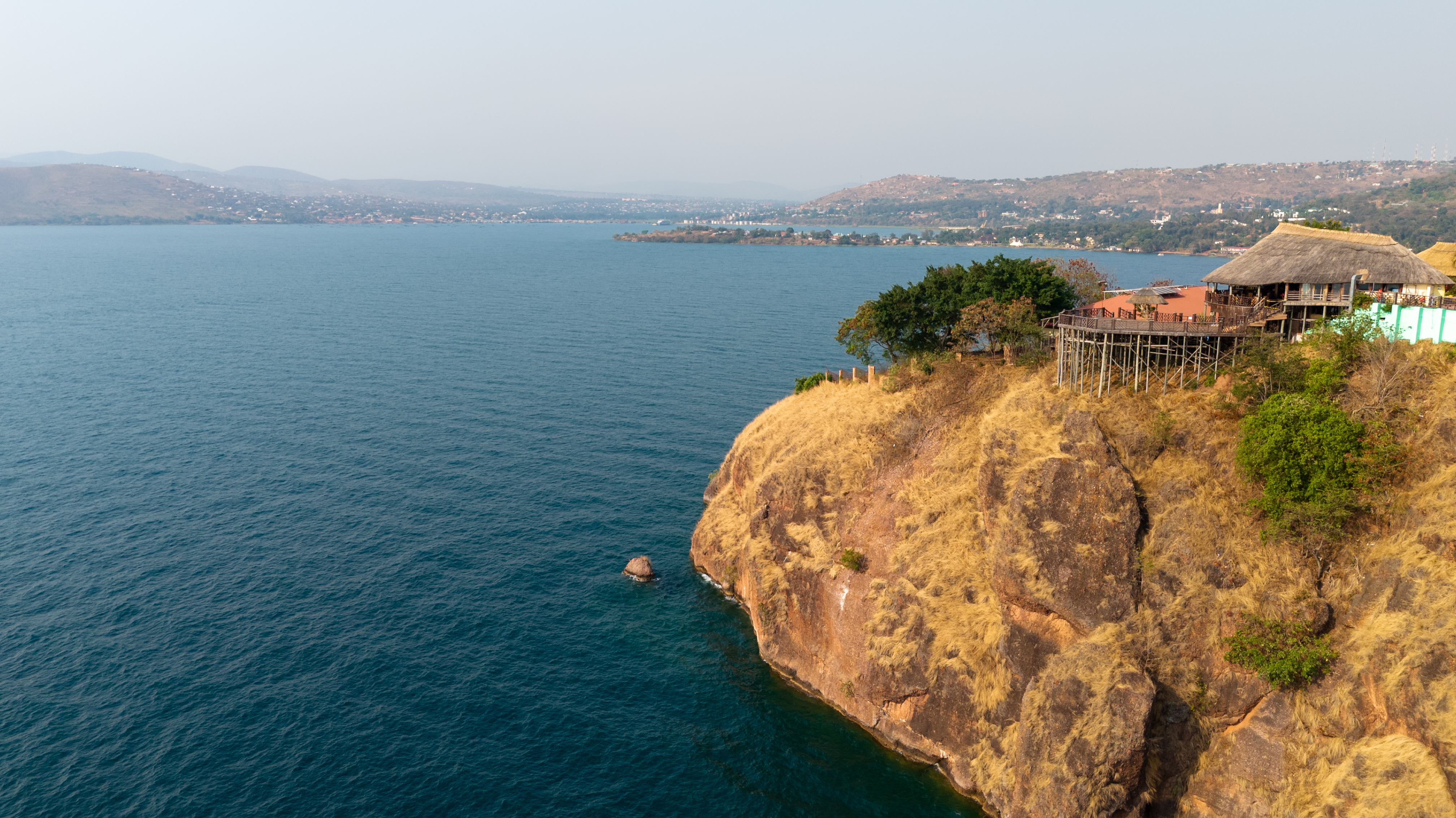 Lodge perched on a cliff above Lake Tanganyika in western Tanzania.