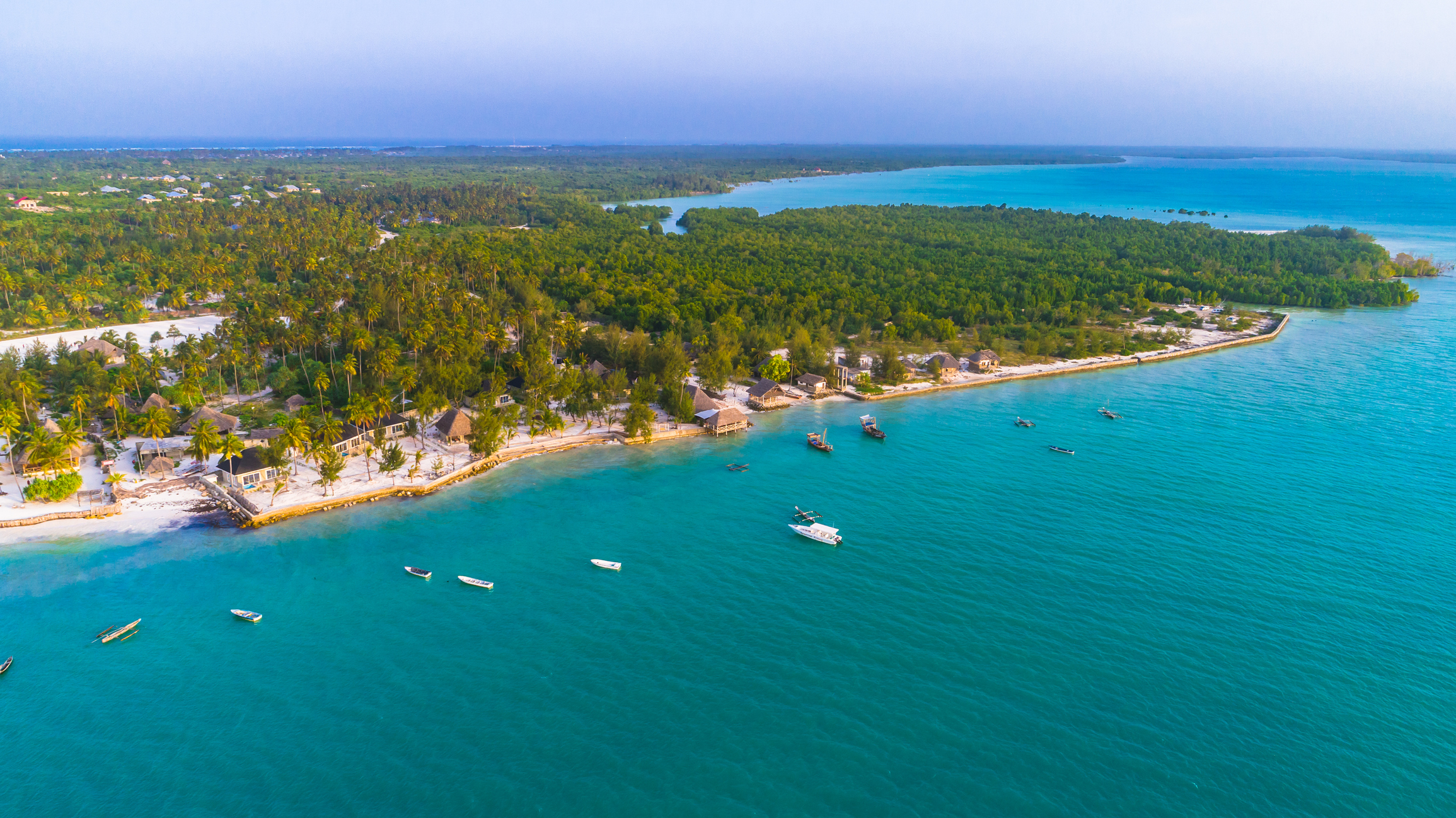 Drone view of Paje Village, mangrove forests, turquoise lagoon, and traditional boats along the Zanzibar coastline, Tanzania.