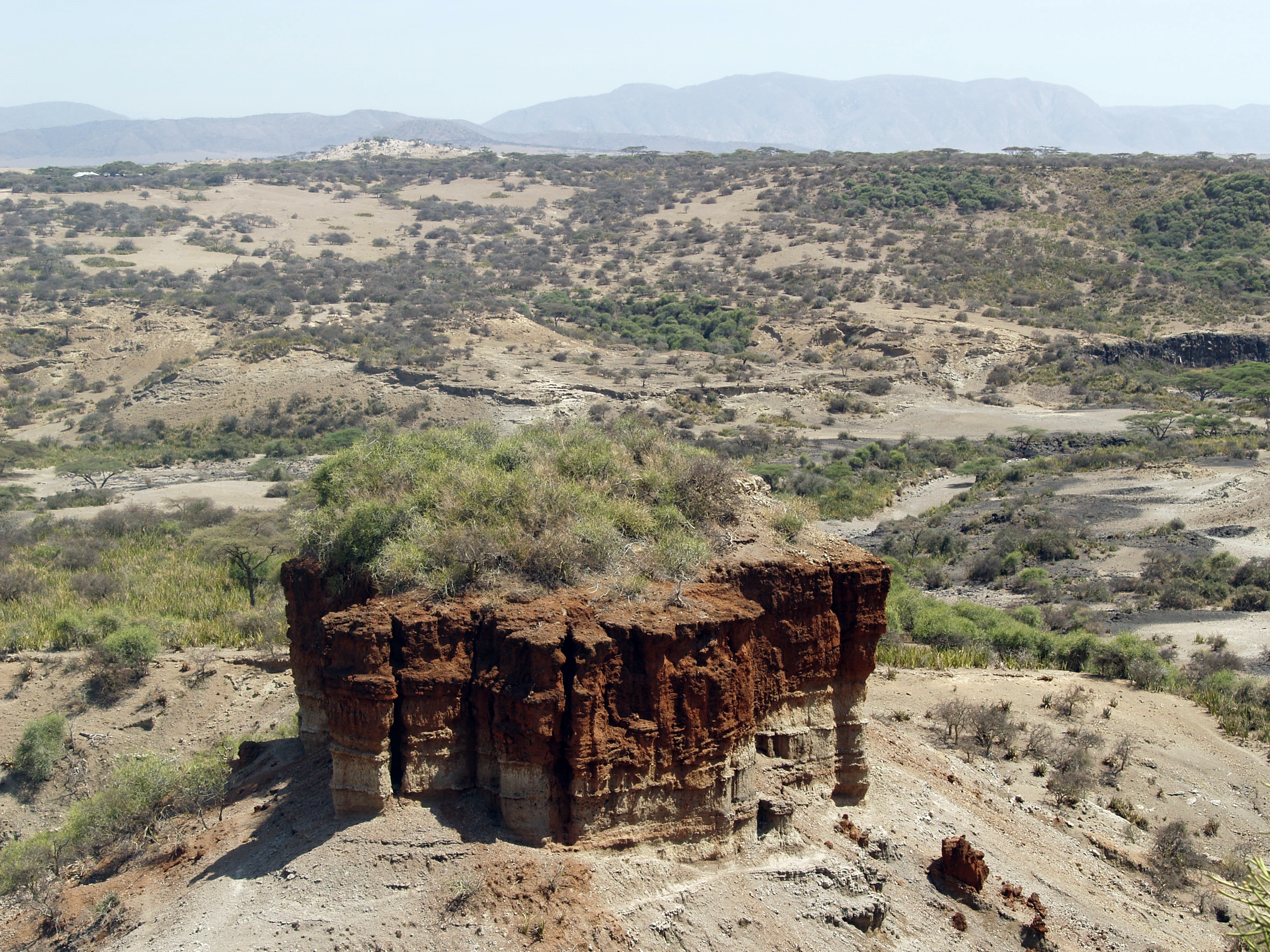 Layered red and white sedimentary cliffs at Olduvai Gorge in northern Tanzania, where Louis and Mary Leakey made discoveries that transformed our understanding of early human evolution.