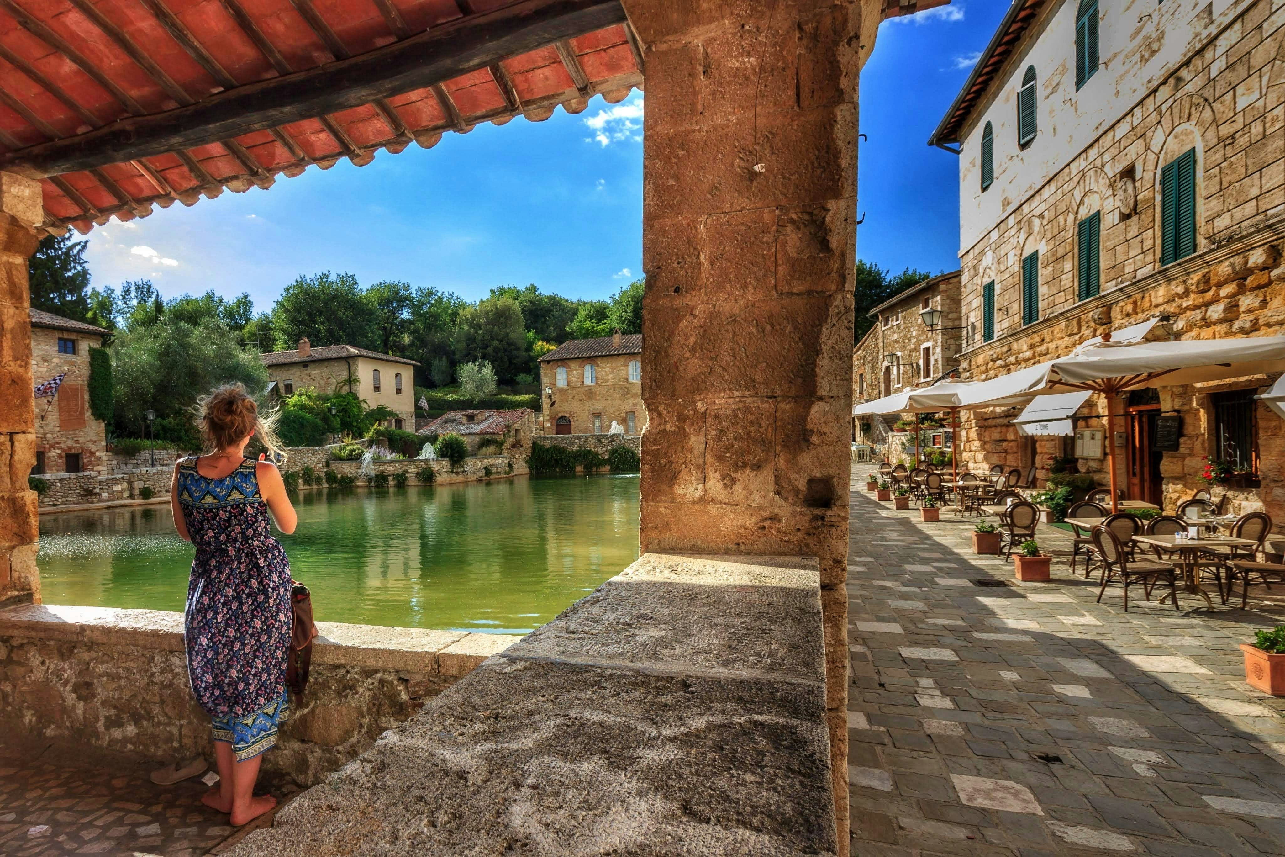 Historic thermal pool at Bagno Vignoni, a stone-lined hot spring occupying the village’s central square in Tuscany, Italy.