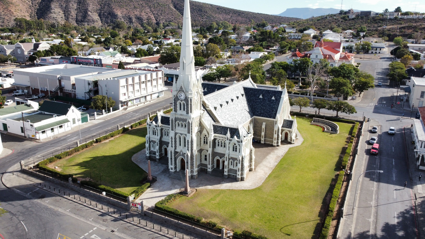 Aerial view of the Dutch Reformed Church surrounded by the historic centre of Graaff-Reinet in the Eastern Cape Karoo.