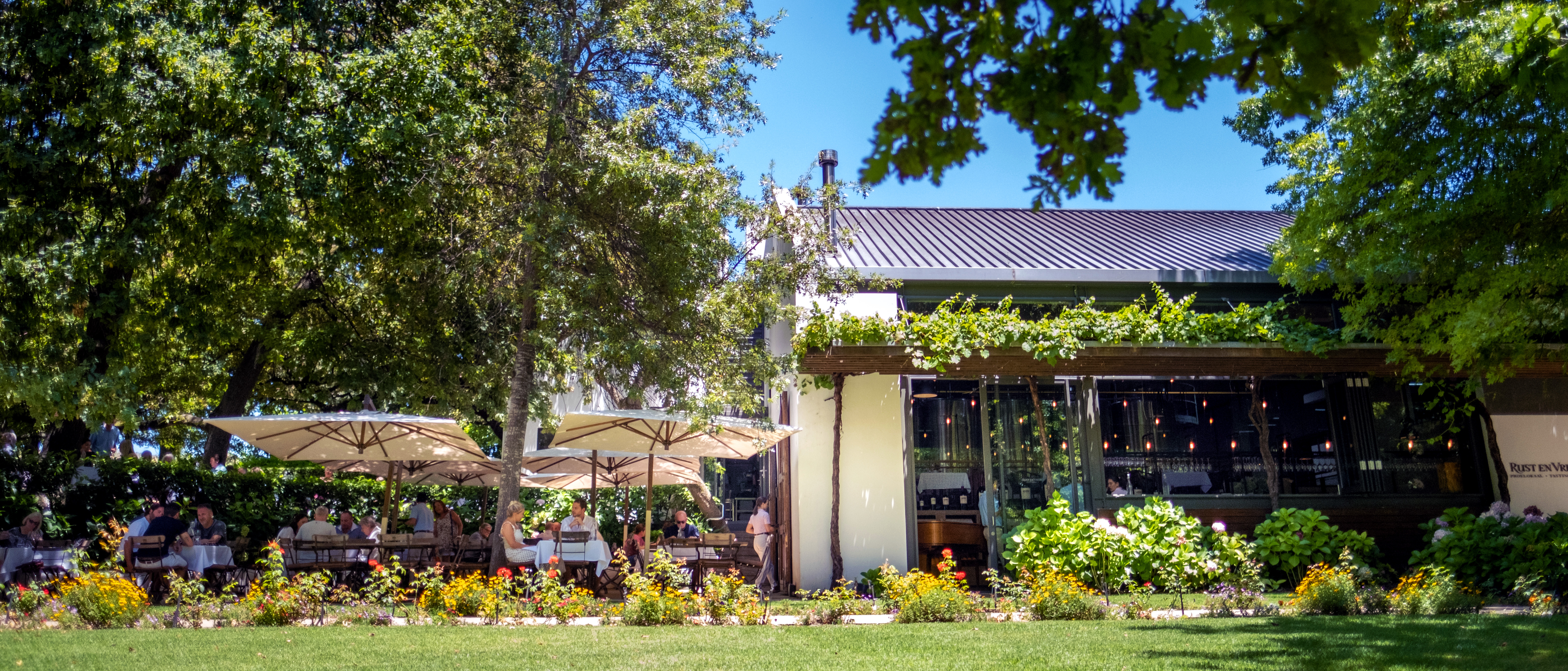Outdoor terrace and tasting area at Rust en Vrede Estate tasting room surrounded by gardens and oak trees in Stellenbosch, South Africa.