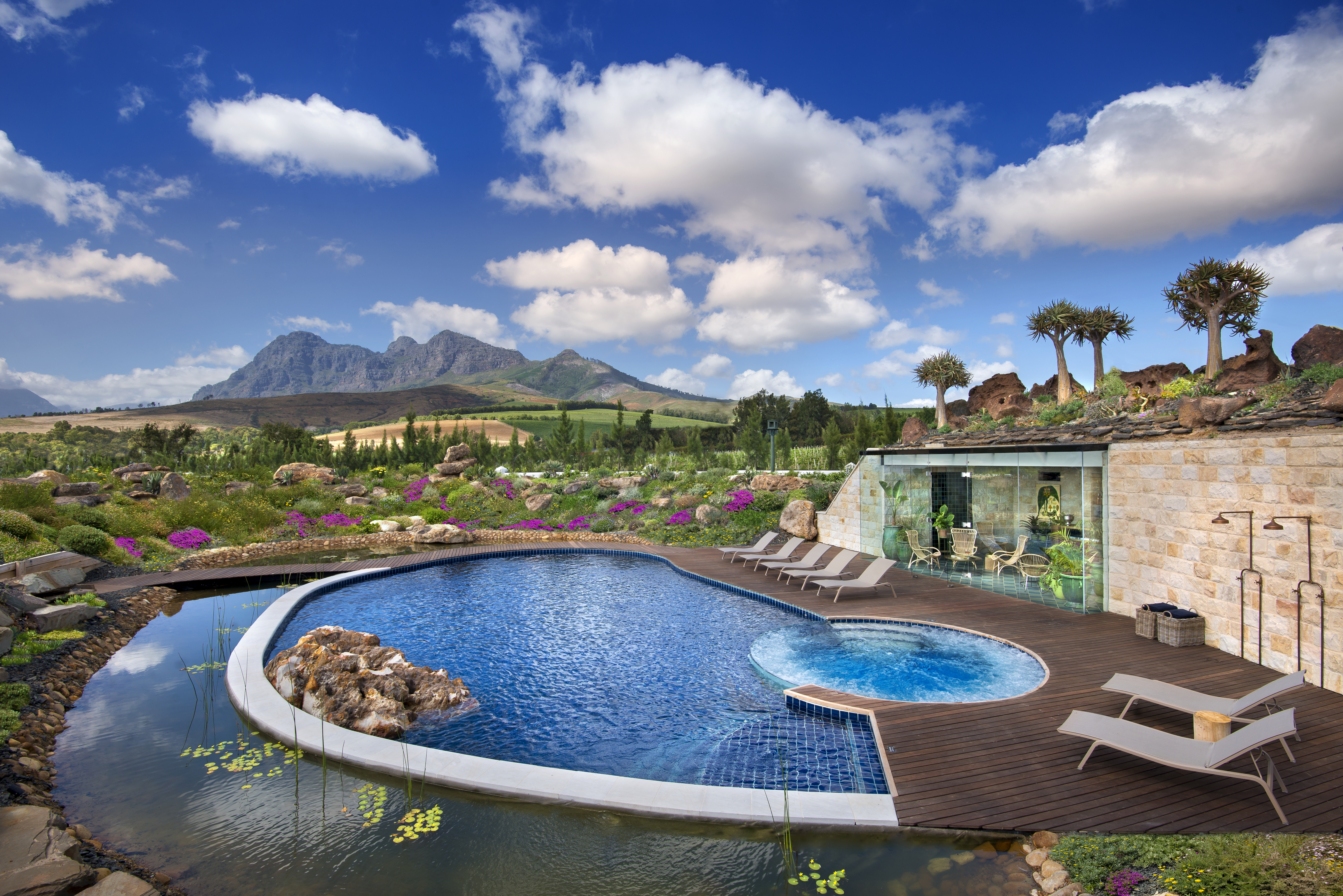 Swimming pool and landscaped cottage gardens at Babylonstoren framed by mountain scenery, indigenous planting, and vineyard landscapes in South Africa’s Cape Winelands.