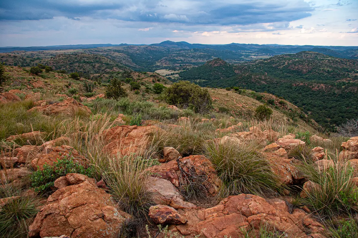 Elevated panorama of rocky ridges, wooded valleys and rolling hills within the Vredefort Dome in South Africa.