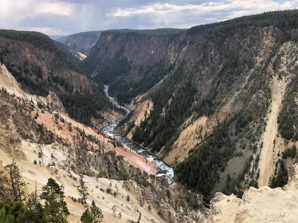 Deep canyon with the Yellowstone River flowing between colorful rock walls in Yellowstone National Park, Wyoming.