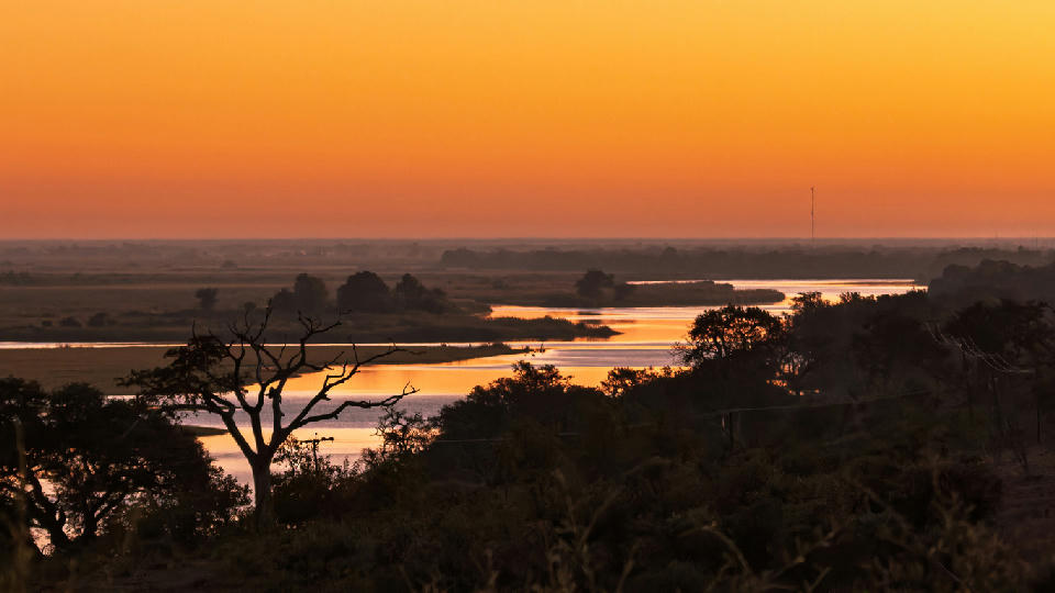 Panoramic sunset over the Kwando River floodplain with winding waterways and silhouetted trees in the Linyanti region of Botswana.