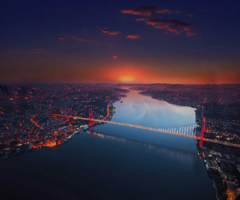 Aerial view of the Bosphorus at dusk with the 15 July Martyrs Bridge connecting the European and Asian sides of Istanbul.