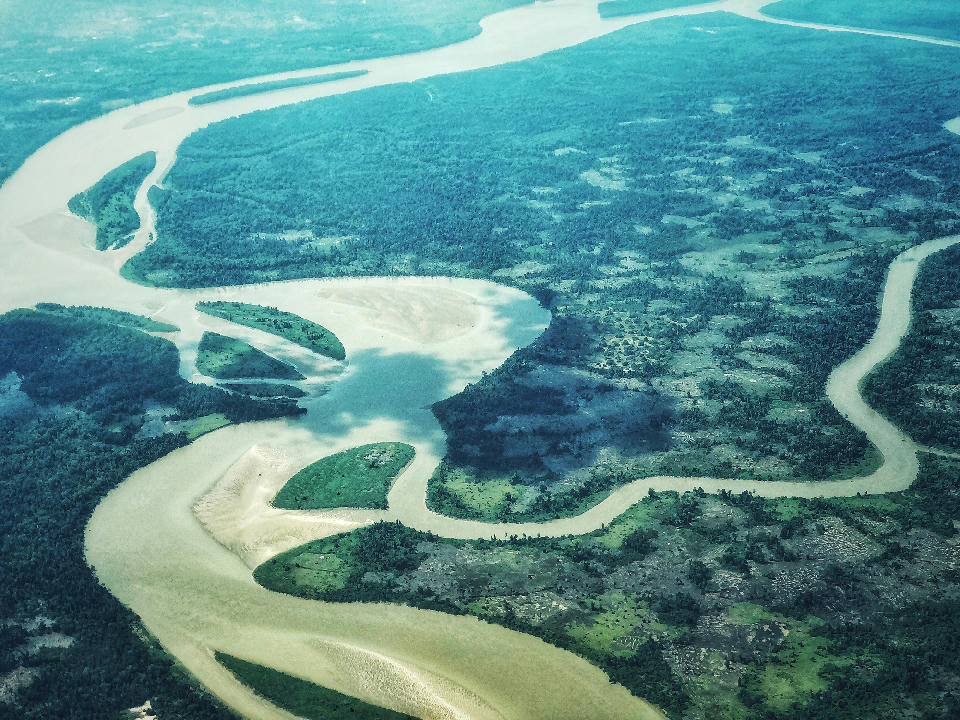 Aerial view of the meandering Rufiji River in Nyerere National Park, Tanzania.
