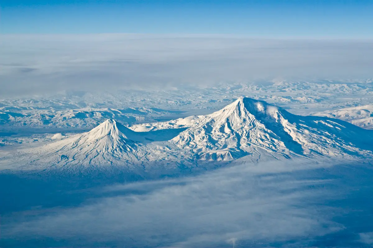 Aerial view of snow-covered Greater Ararat and Little Ararat in Eastern Turkey.