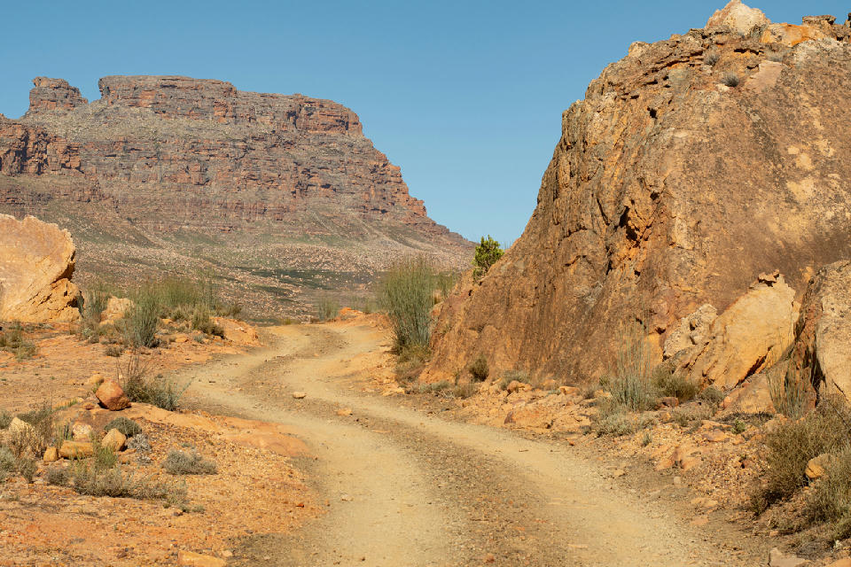 Gravel road on Eselbank Pass between Wupperthal and Eselbank in the northern Cederberg Mountains, South Africa.