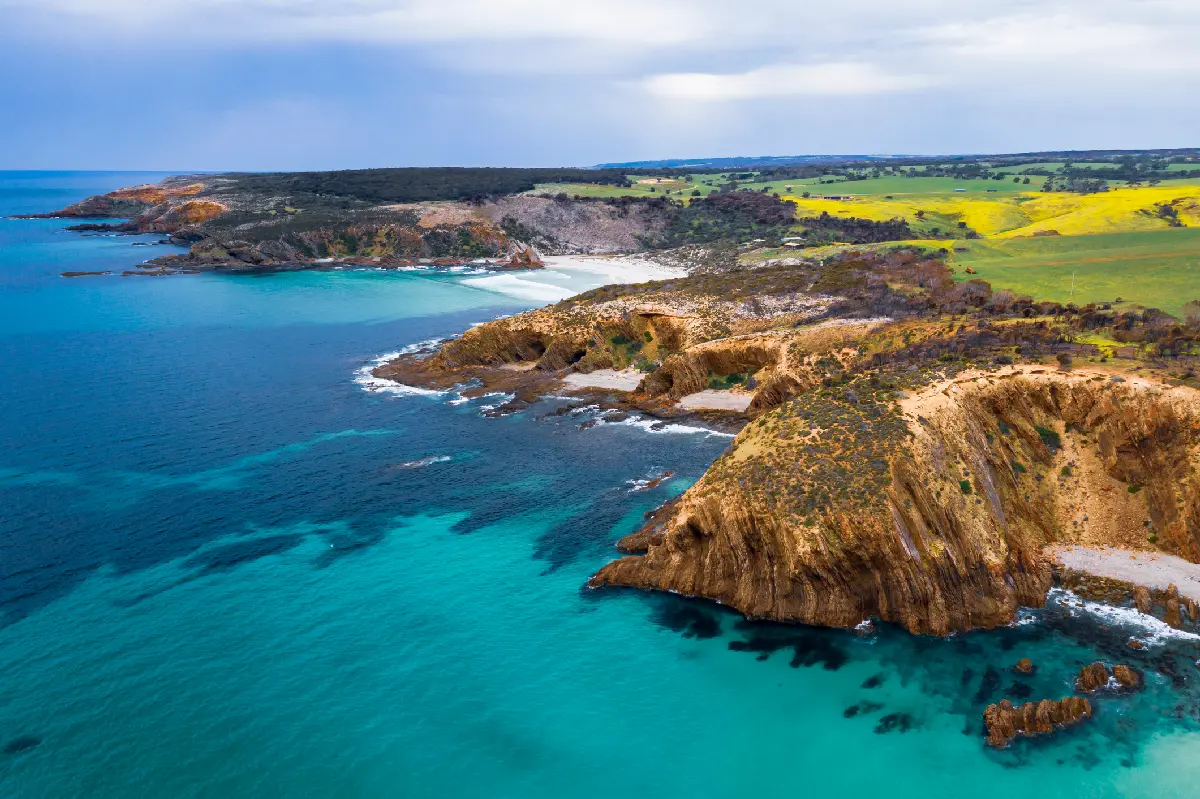 Aerial panorama of King George Beach on Kangaroo Island, South Australia, showing rocky coastal headlands, turquoise ocean water, sandy coves and green farmland inland.