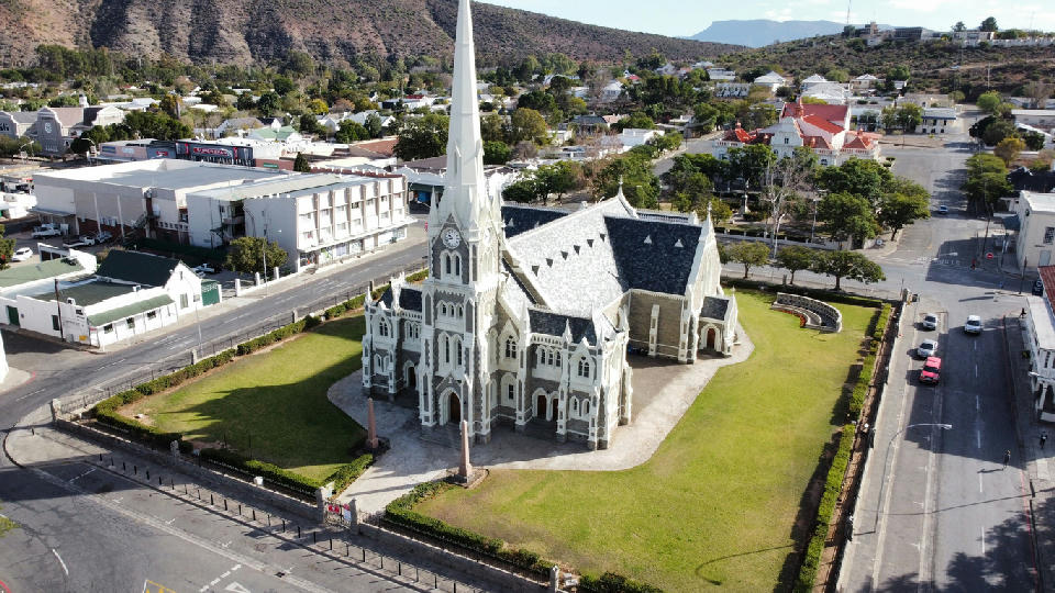 Aerial view of the Dutch Reformed Church surrounded by the historic centre of Graaff-Reinet in the Eastern Cape Karoo.