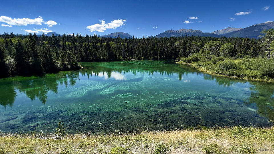 Clear emerald lake with forest reflections at Valley of the Five Lakes, Jasper National Park