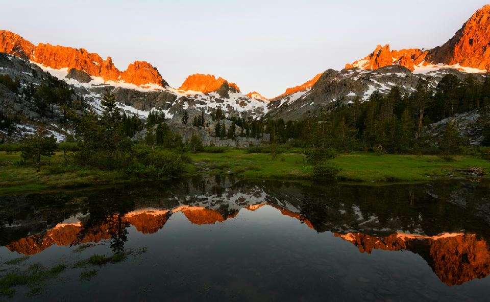 Ediza Lake sunrise reflection with Mount Ritter and Banner Peak, Ansel Adams Wilderness Sierra Nevada California