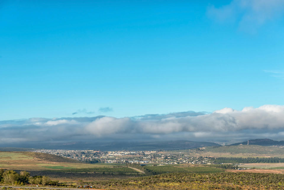 View of Clanwilliam and surrounding farmlands from Pakhuis Pass in the Cederberg region of South Africa.