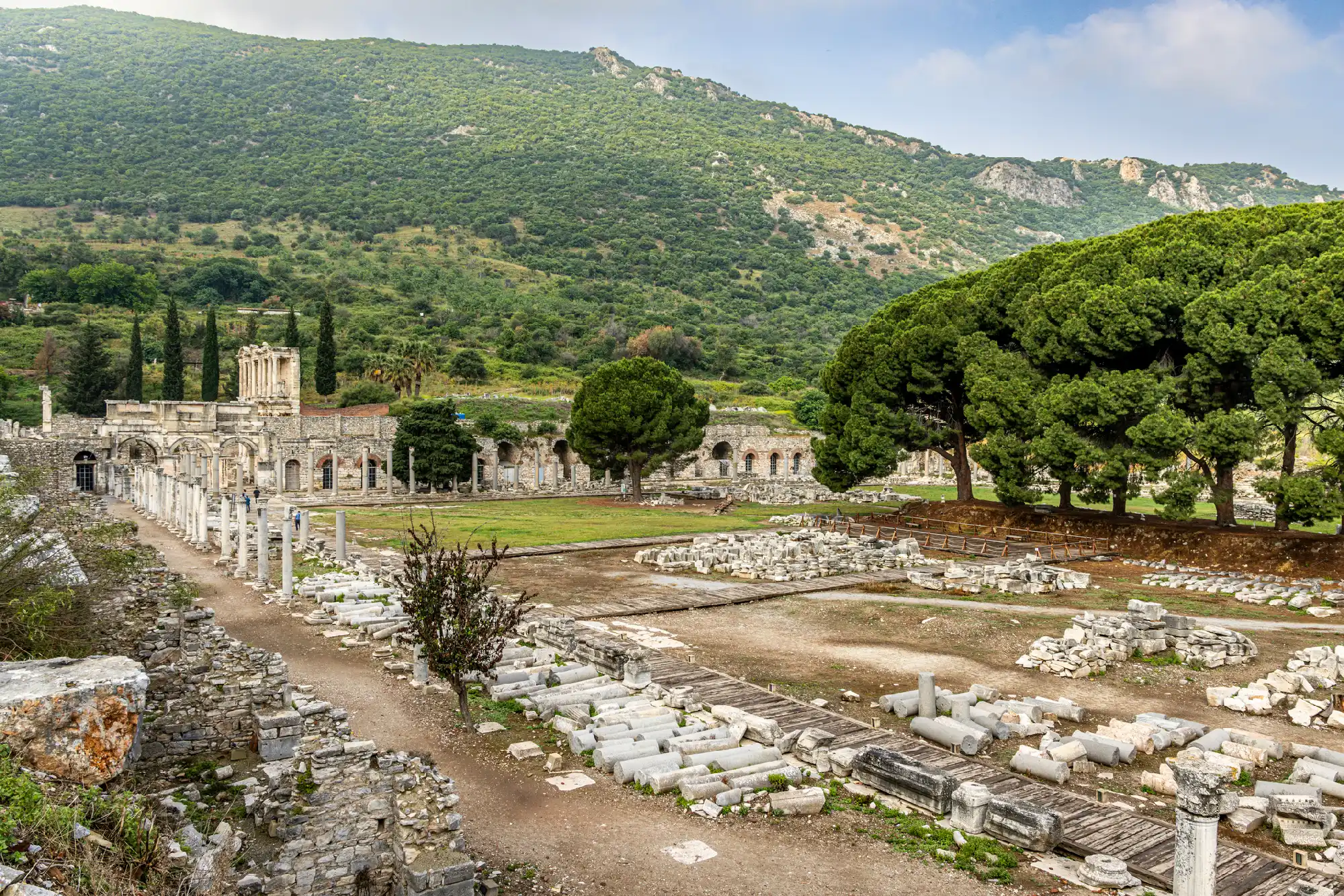 Wide view of the ancient ruins of Ephesus, with marble columns, scattered stone remains and monumental structures set against green hills near Selçuk, Turkey.