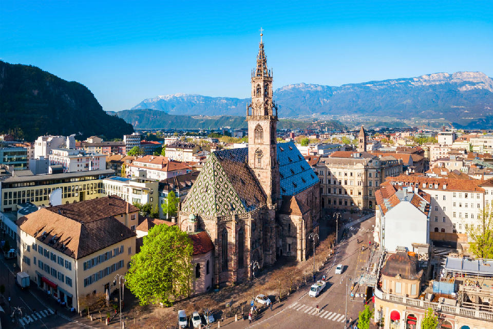 Aerial panoramic view of Bolzano Cathedral in the city centre of Bolzano, South Tyrol, Italy.