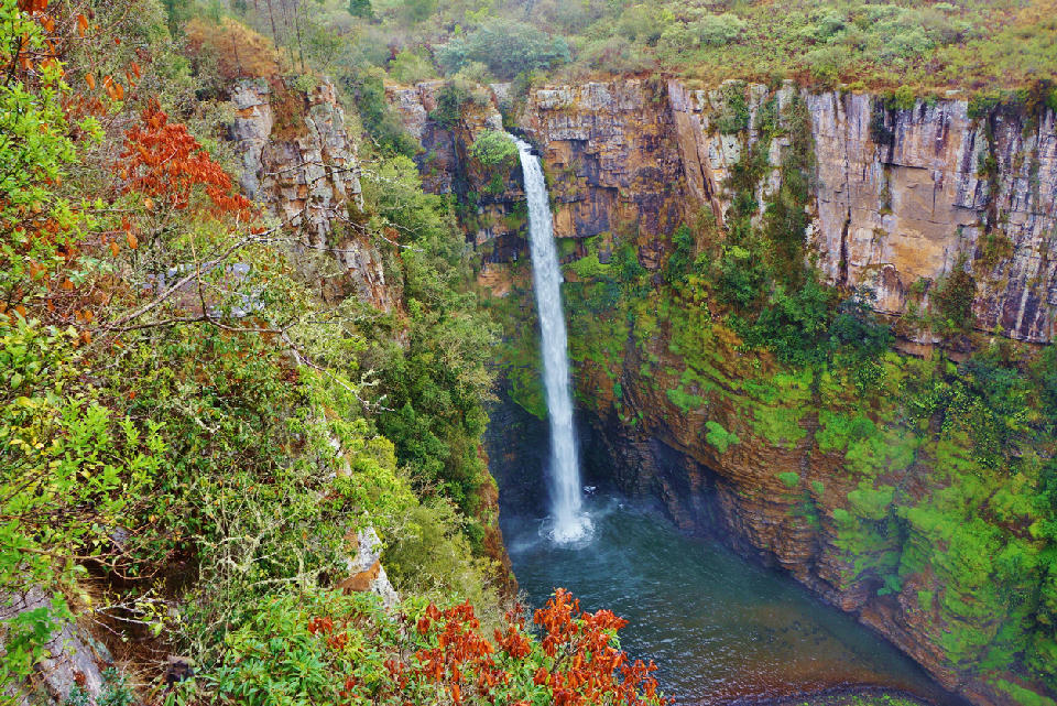 Mac Mac Falls dropping into a rocky gorge surrounded by forest and cliff walls near Graskop on the Panorama Route, Mpumalanga, South Africa.
