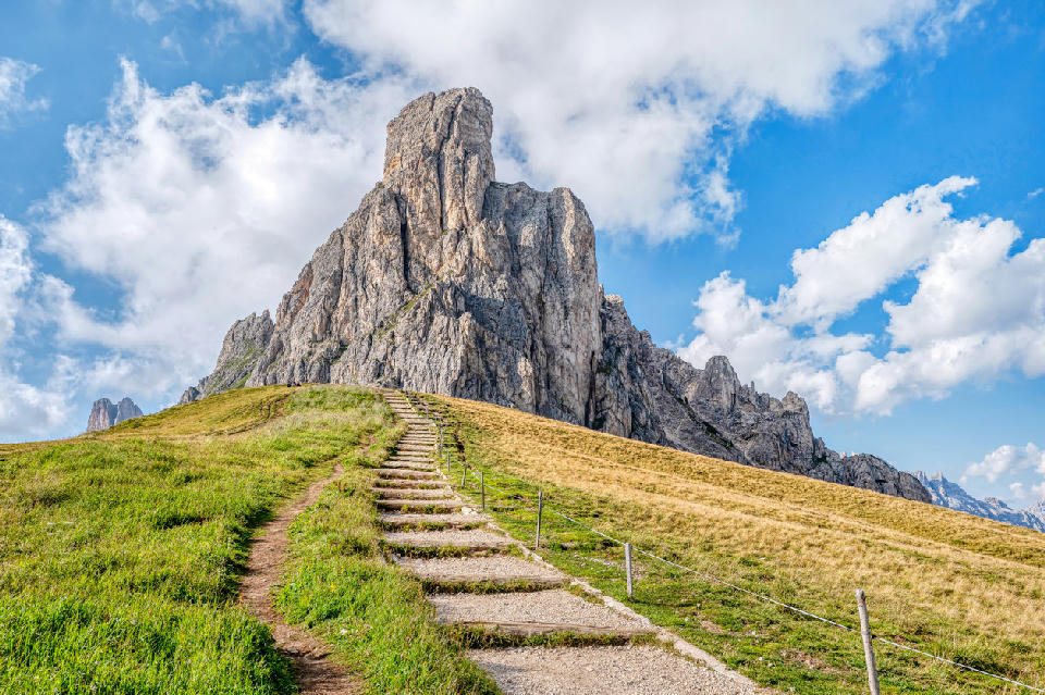 Ra Gusela rock tower above Passo Giau mountain pass in the Dolomites, Italy.