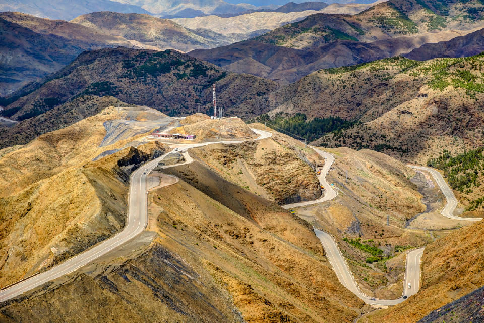 Winding roads crossing Tizi n'Tichka Pass in Morocco’s High Atlas Mountains