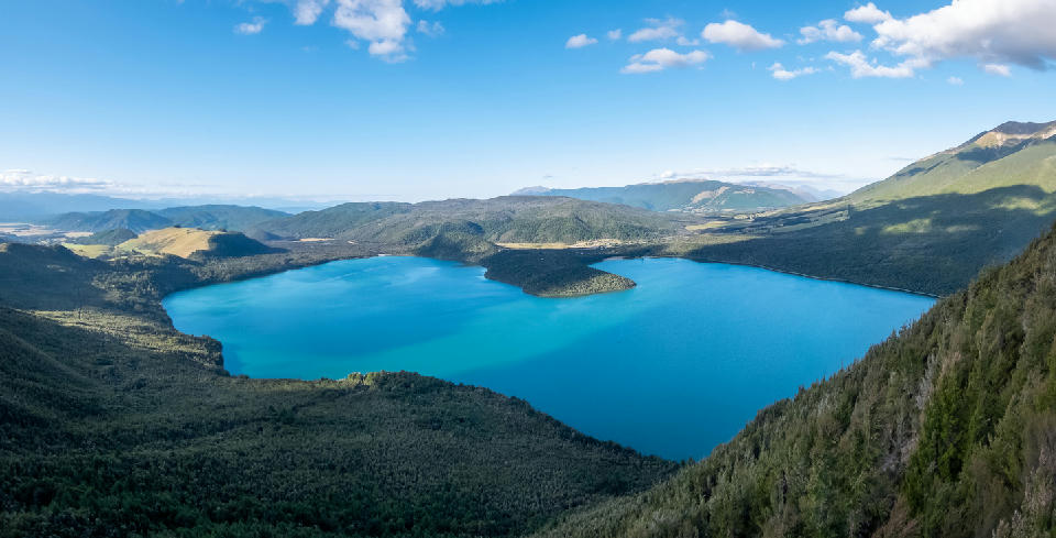 Panoramic view of Lake Rotoiti from Mount Robert in Nelson Lakes National Park, New Zealand.