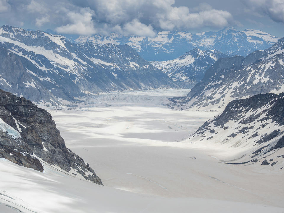 Aletsch Glacier stretching across a wide alpine basin beneath snow-covered peaks, viewed from Jungfraujoch, Switzerland.