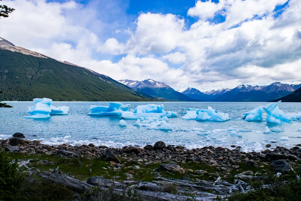Icebergs floating on Lago Argentino with mountains and shoreline in Patagonia, Argentina.