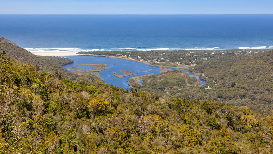 Aerial view of Groot River Estuary and Nature's Valley on South Africa's Garden Route.