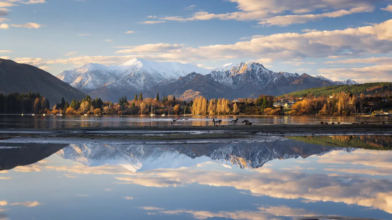 Reflections of the Southern Alps and Wanaka township in calm pools along the shoreline of Lake Wanaka, South Island, New Zealand.