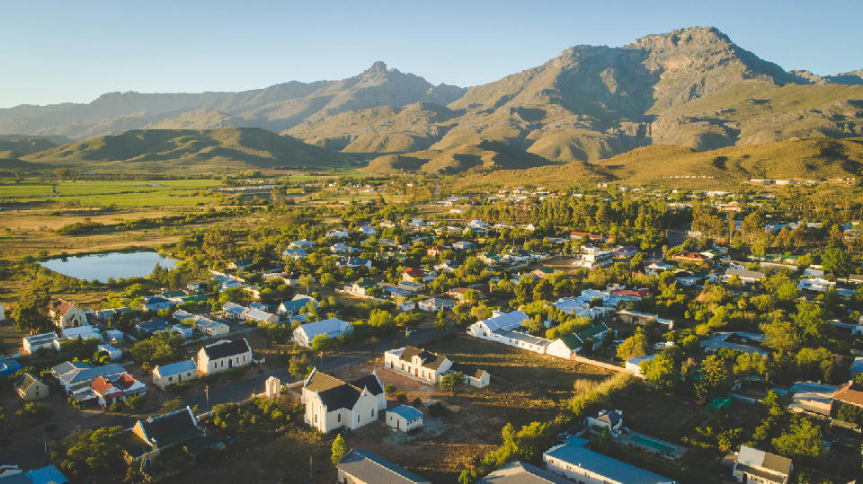 Aerial view of Ladismith with the Klein Swartberg Mountains rising above the town in the Klein Karoo.