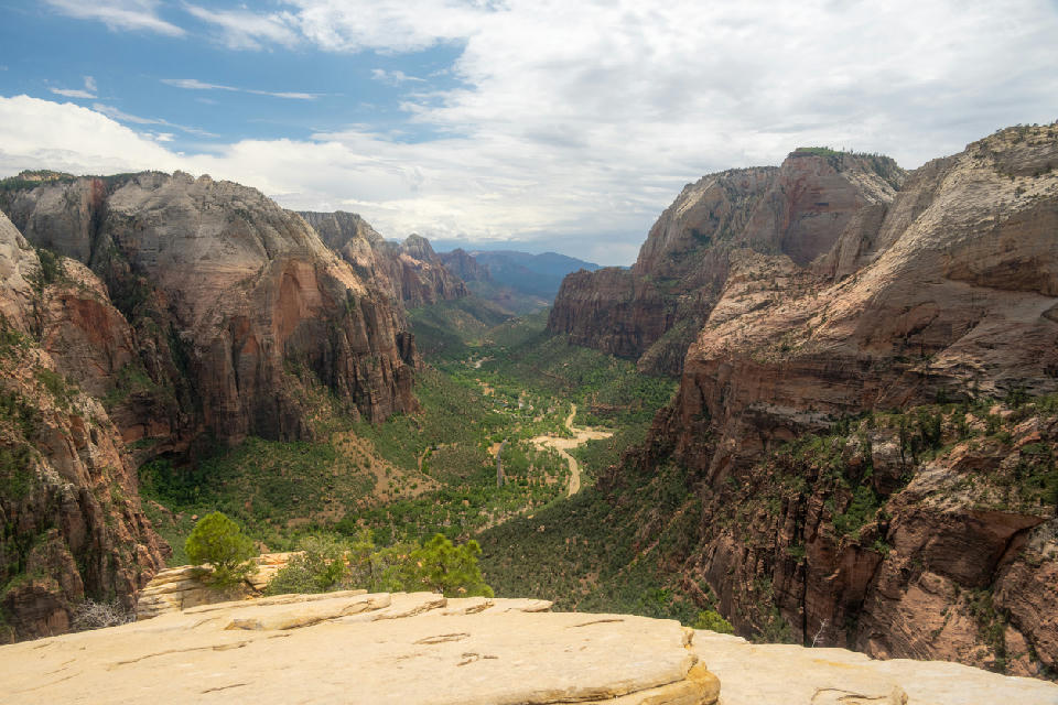 View from Angels Landing summit overlooking Zion Canyon and Virgin River in Zion National Park