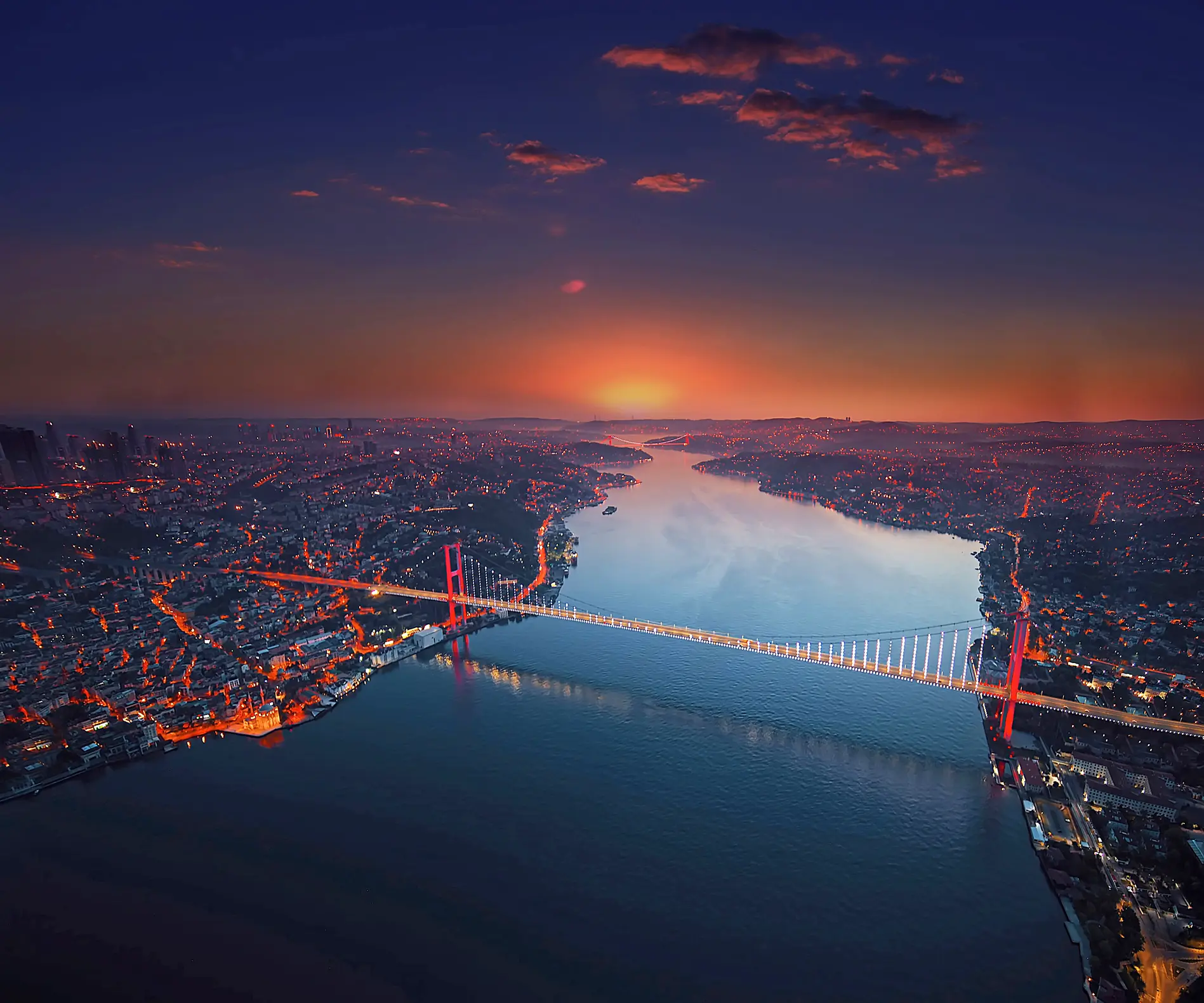 Aerial view of the Bosphorus at dusk with the 15 July Martyrs Bridge connecting the European and Asian sides of Istanbul.