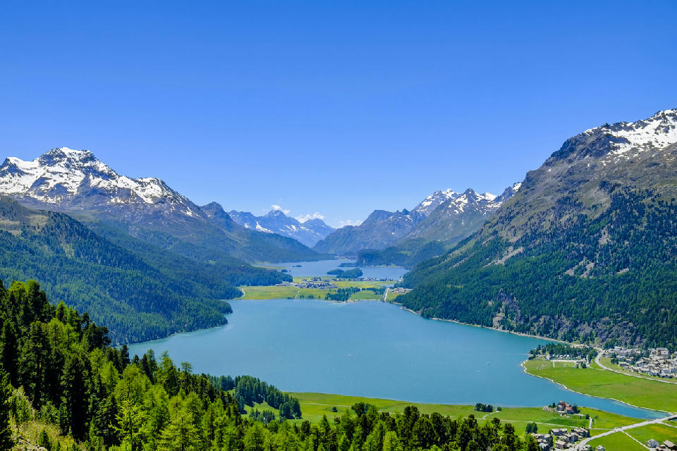 Sils and Silvaplana Lakes seen from above, Upper Engadine valley (Graubünden, Switzerland)