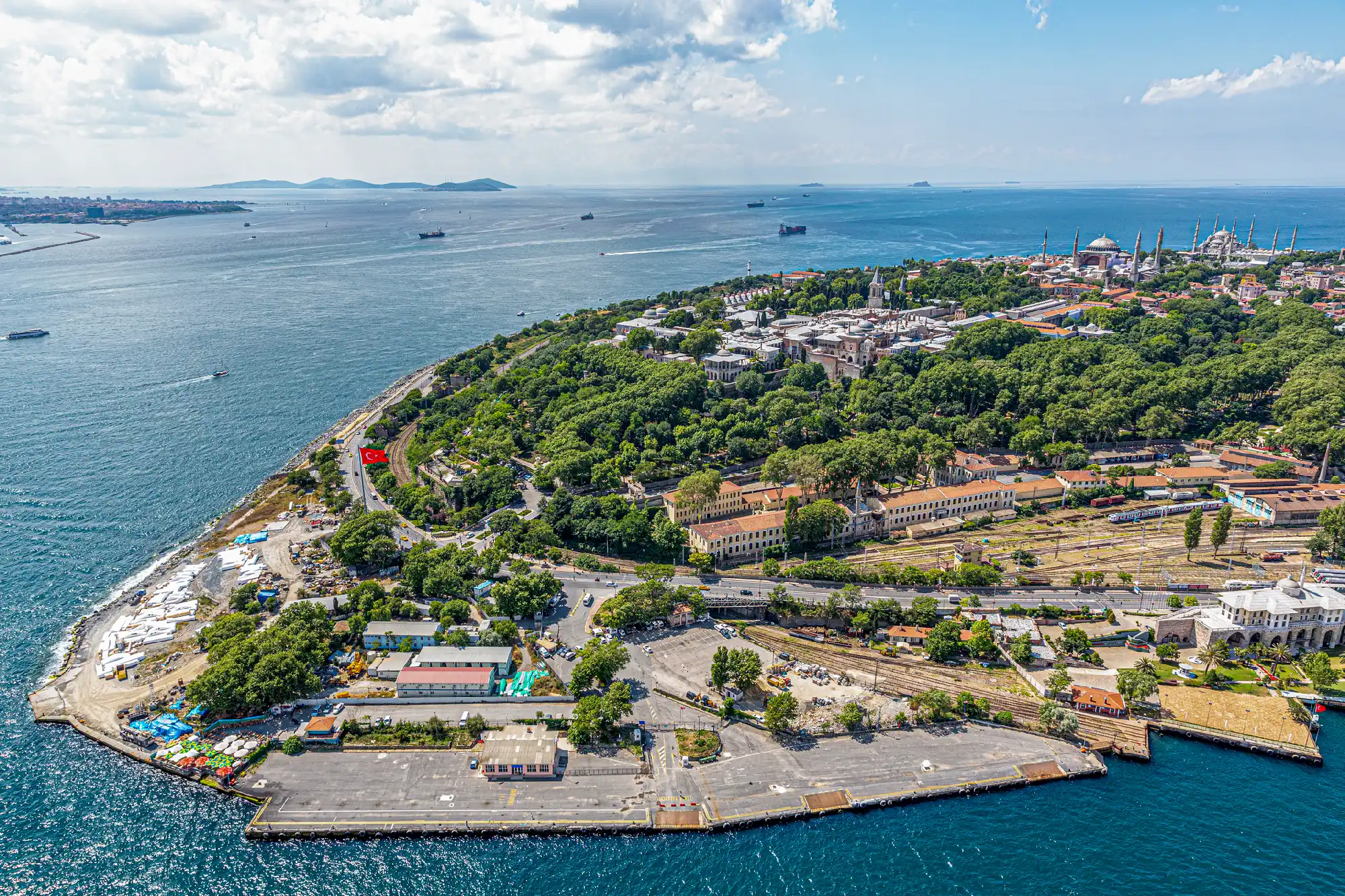 Aerial view of Sultanahmet in Istanbul, with Topkapı Palace, Hagia Sophia, the Blue Mosque and the Sea of Marmara.