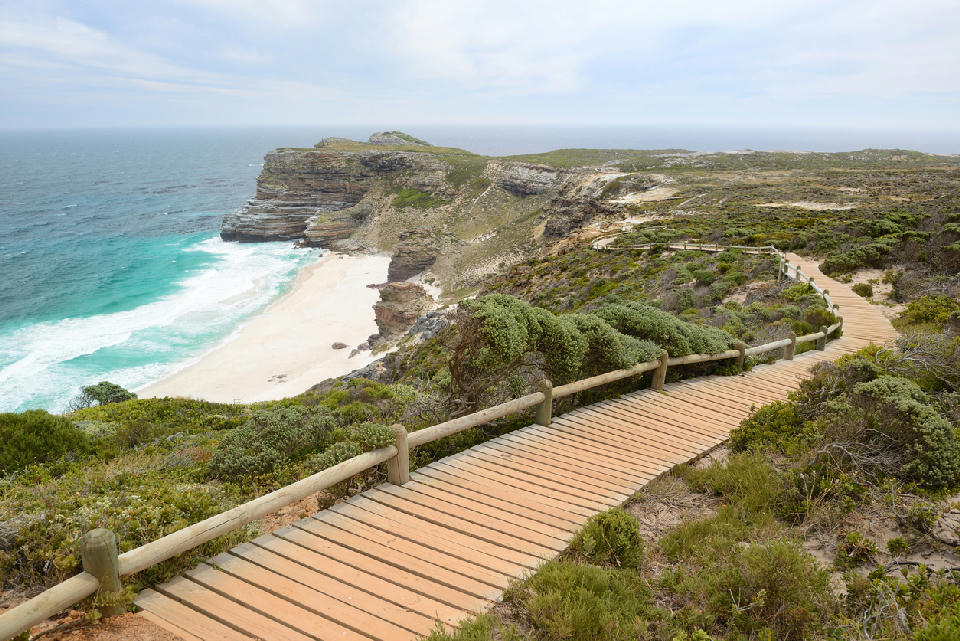 Boardwalk viewpoint overlooking Dias Beach on the Cape Peninsula in Table Mountain National Park, South Africa.