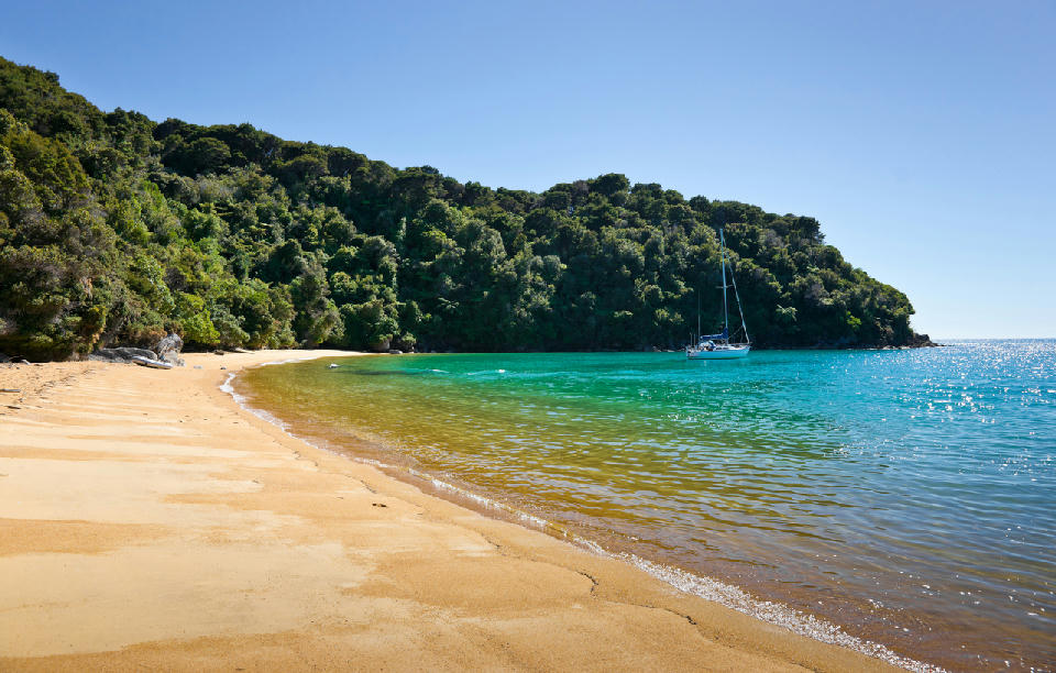 Curving golden beach and turquoise water at Te Pukatea Bay in Abel Tasman National Park, New Zealand.