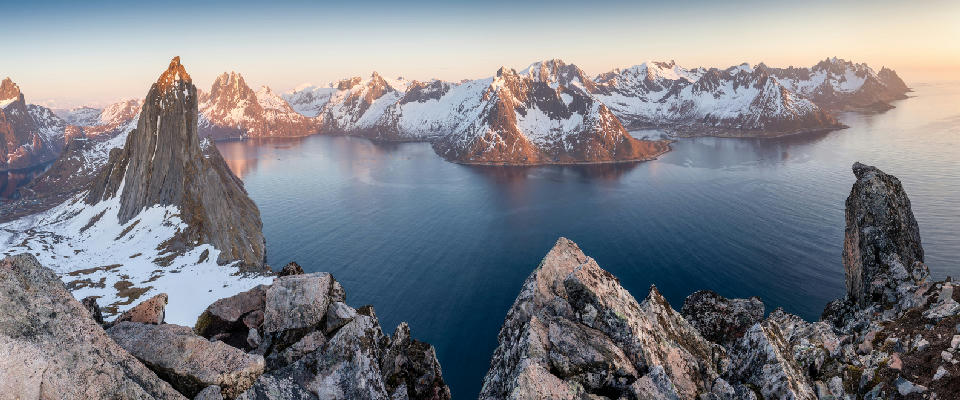 Panoramic fjord view of Mefjorden with Segla peak and surrounding mountains