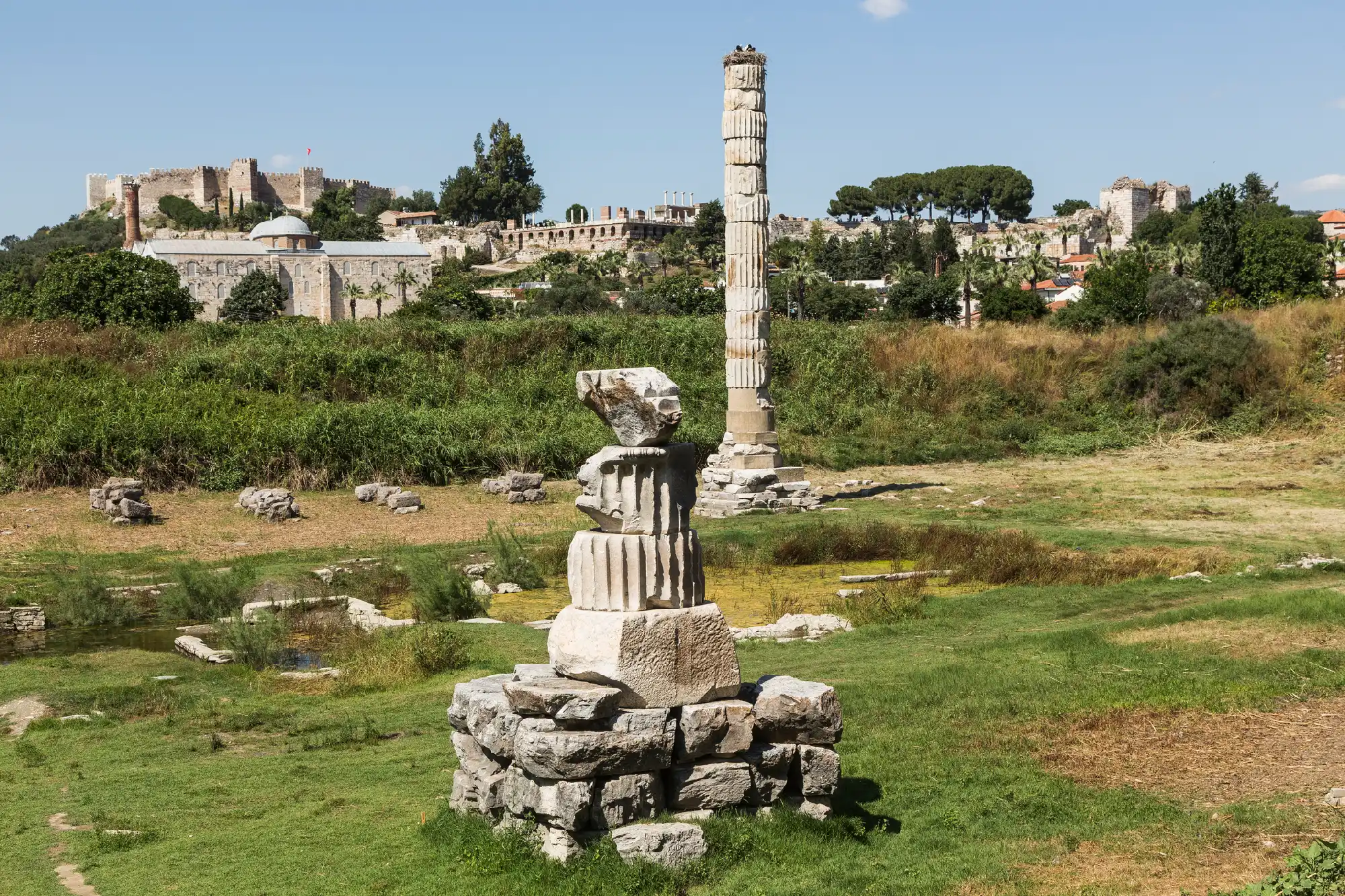 Remains of the Temple of Artemis at Ephesus, including a tall reconstructed marble column amid a grassy archaeological site.