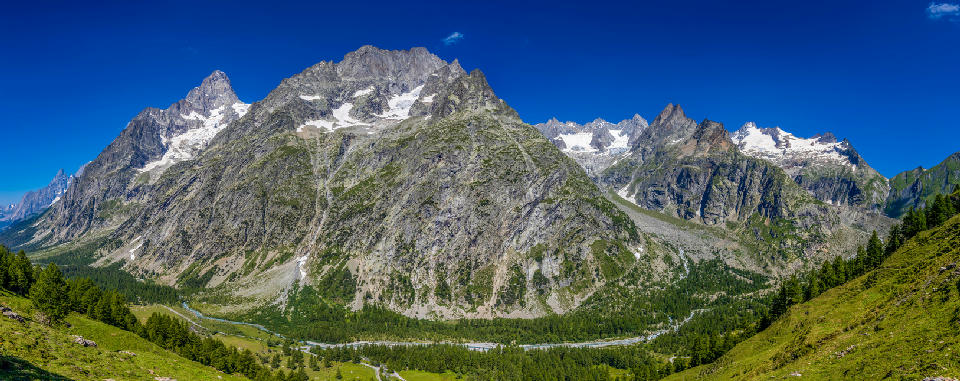 Panoramic view of Chamonix Valley showing forest, river, and steep mountain walls beneath the Mont Blanc massif in France.