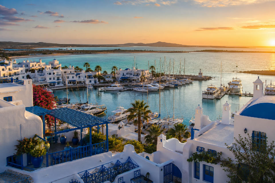 Whitewashed Mediterranean-style buildings and marina at Club Mykonos overlooking Langebaan Lagoon on South Africa's West Coast.