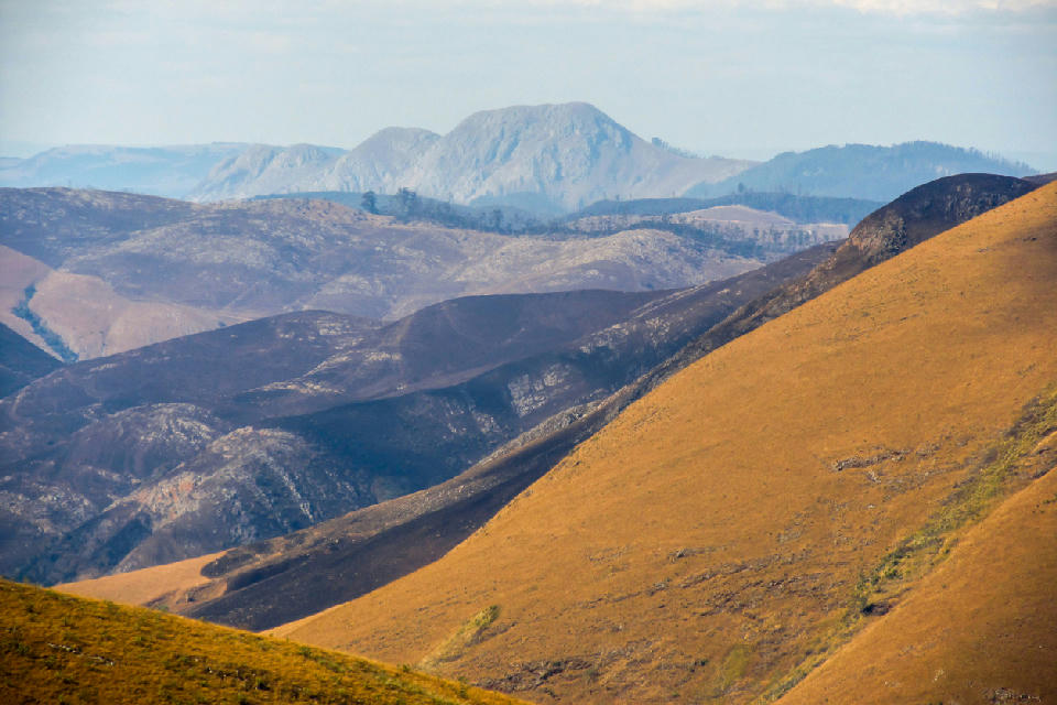 Layered mountain ridges and grass-covered slopes in the Makhonjwa Mountains near Barberton, South Africa.