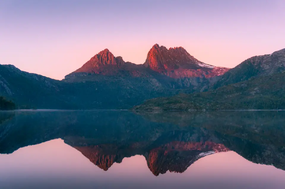 Cradle Mountain reflected in Dove Lake at sunset in Tasmania, Australia.