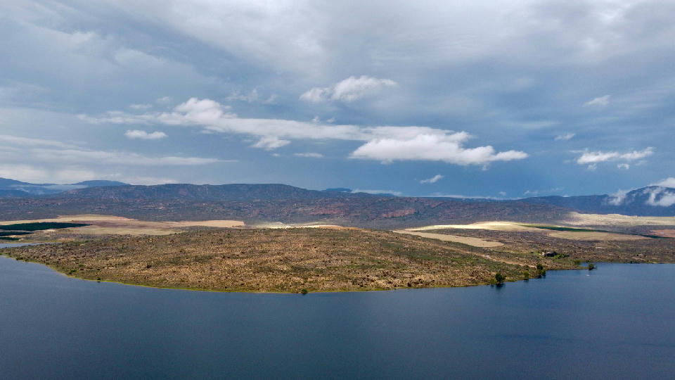 Clanwilliam Dam beneath dramatic storm clouds with the Cederberg foothills in the Western Cape of South Africa.
