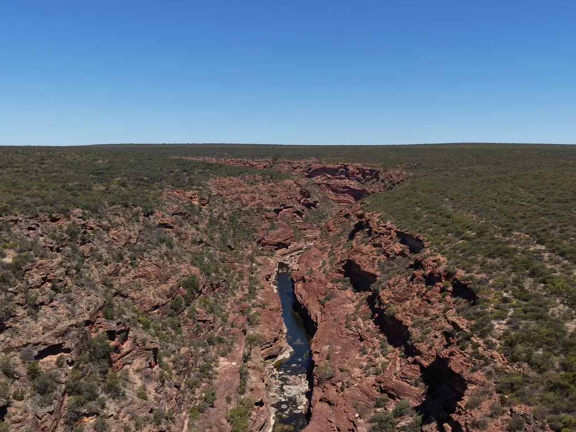 Wide aerial view of the Murchison River cutting through the deep red sandstone gorge at Z Bend.