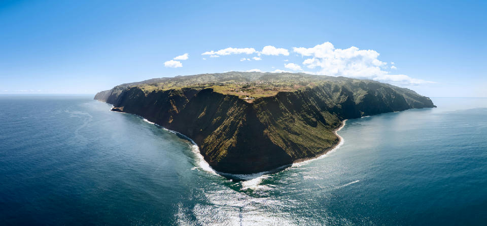 Steep Atlantic cliffs at Ponta do Pargo on the west coast of Madeira Island, Portugal.
