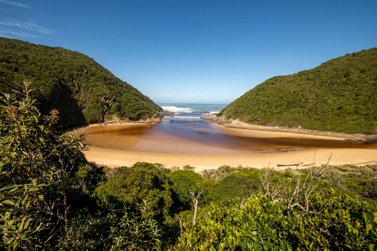 Elevated view of Salt River Mouth and sandy estuary opening into the Indian Ocean near Nature's Valley in South Africa.