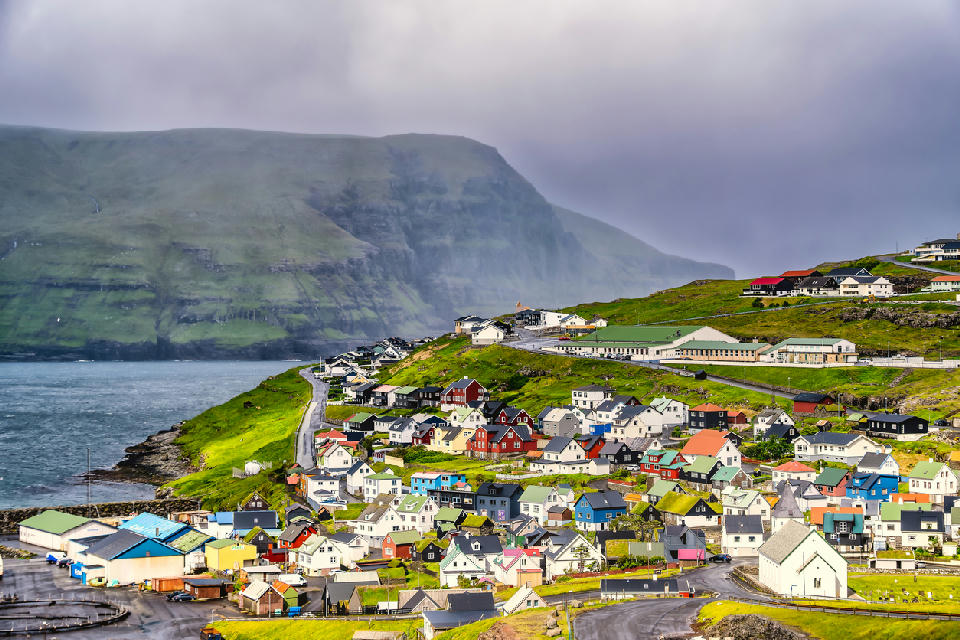 Eiði village with colorful houses and coastal cliffs on Streymoy, Faroe Islands.