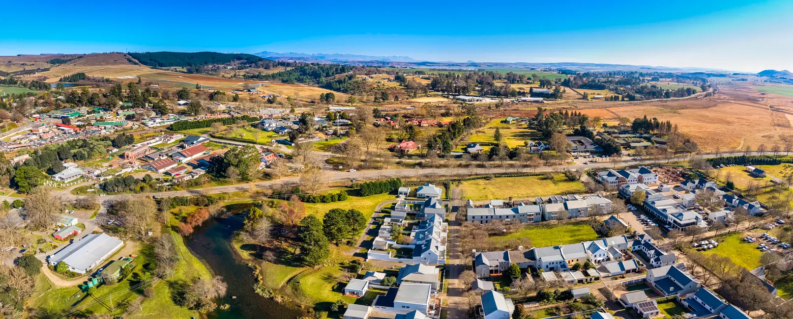 Drone view of Nottingham Road village with rivers, farmland and country properties in the KwaZulu-Natal Midlands, South Africa.