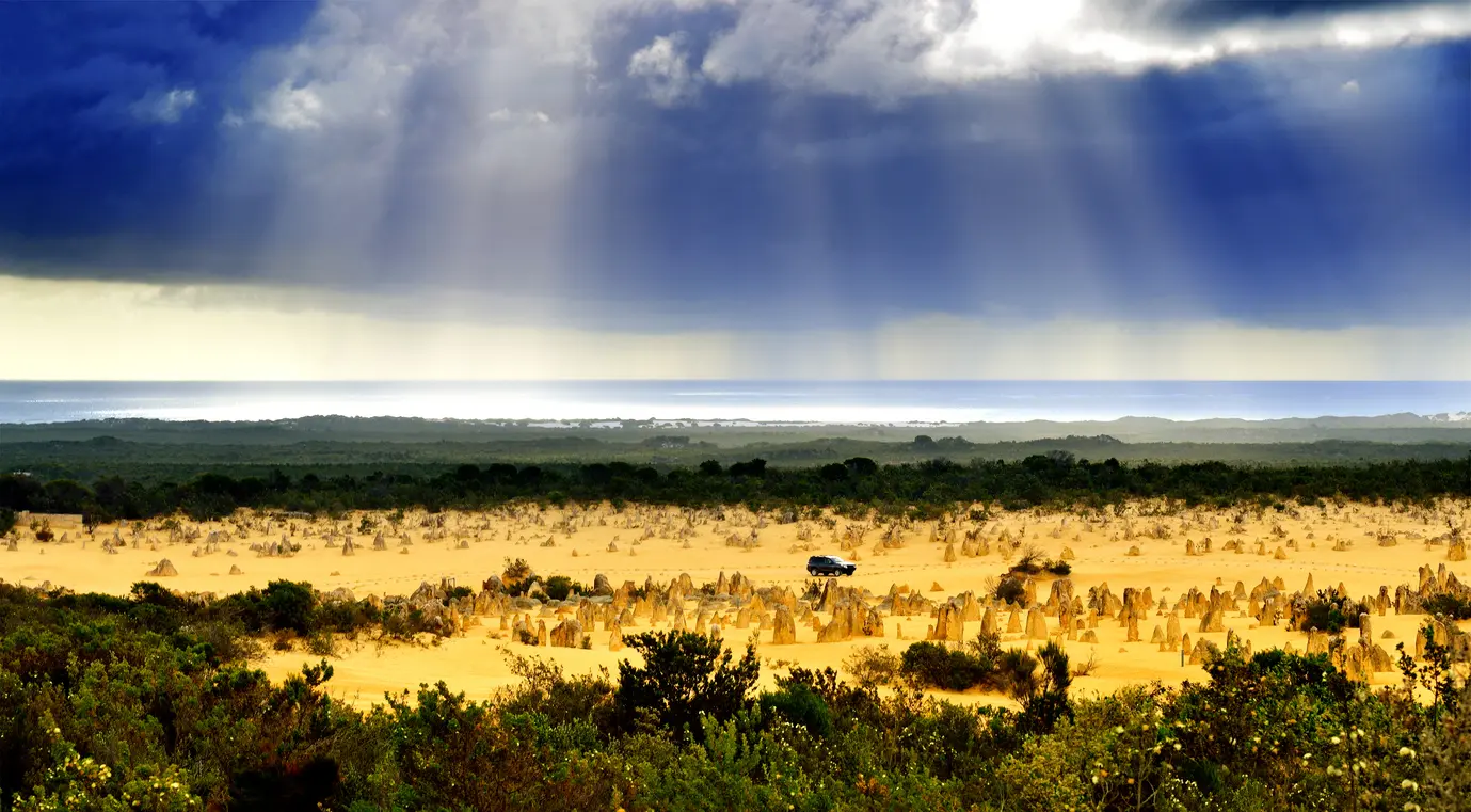 Limestone pinnacles rise from golden dunes beneath storm clouds, with the Indian Ocean visible beyond.