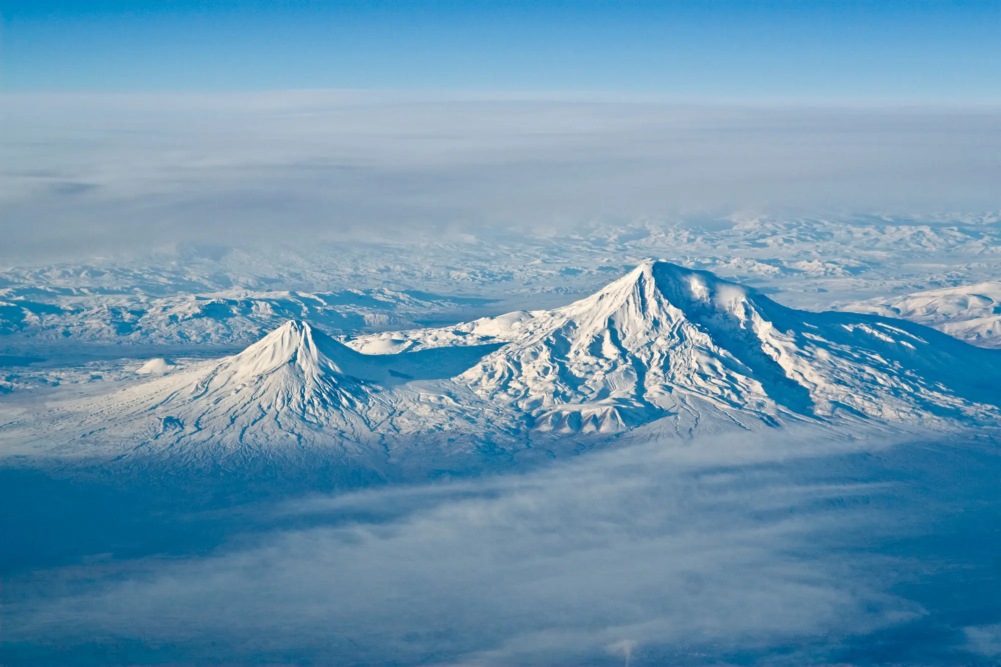 Aerial view of snow-covered Greater Ararat and Little Ararat in Eastern Turkey.